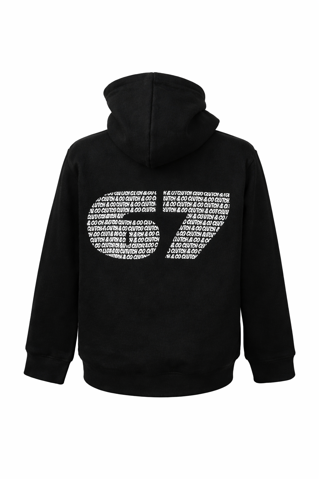 Black hoodie with white text design on the back against a white background